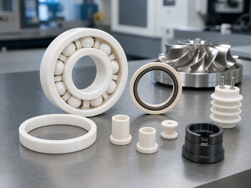 High-performance ceramic bearings, seal rings, insulators and precision components with an aerospace turbine part in the background