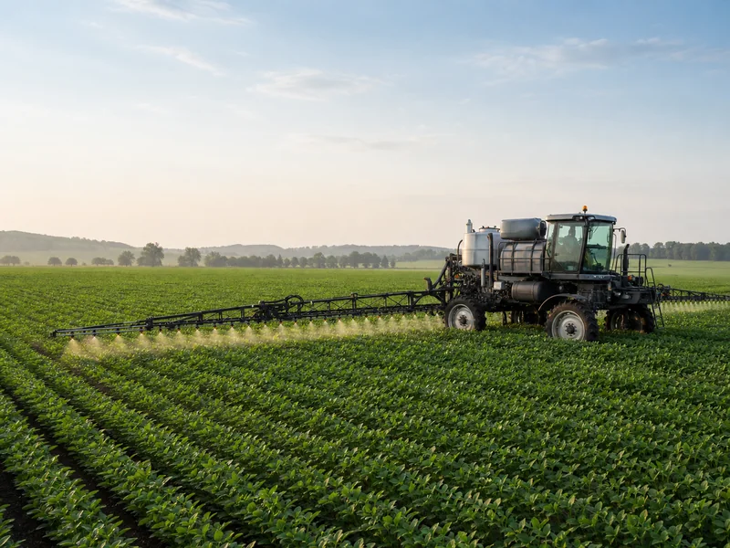 Boom sprayer applying crop protection product across a large agricultural field