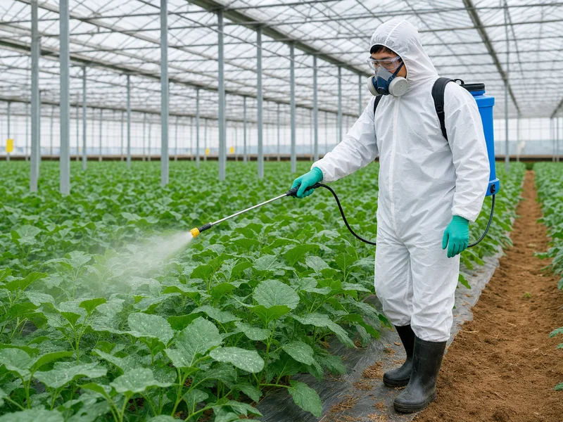 Chinese greenhouse worker applying foliar crop protection spray with chemical-resistant protective equipment