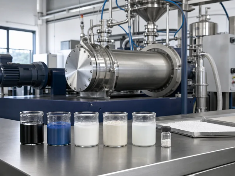 Industrial bead mill with battery, coating, mineral and ceramic material samples