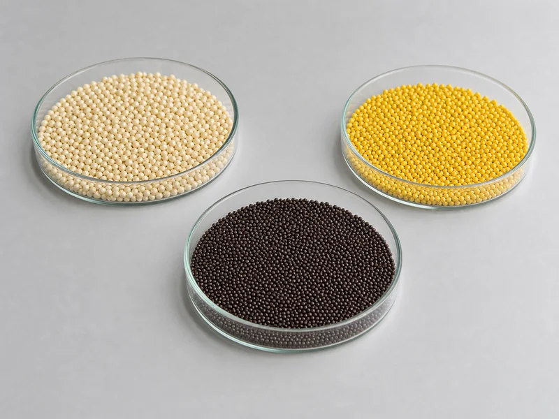 Cream, yellow and dark brown ceria stabilized zirconia bead batches