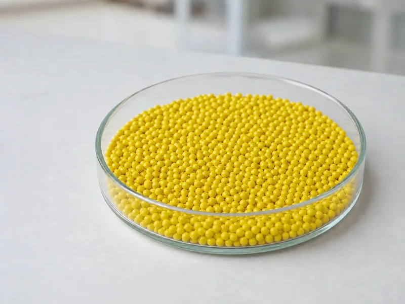 Bright yellow ceria stabilized zirconia beads in a glass Petri dish