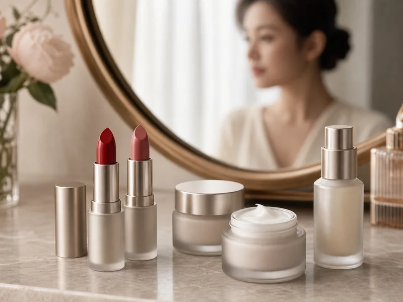 Unbranded lipsticks, eye cream and serum displayed on an elegant Chinese woman's vanity