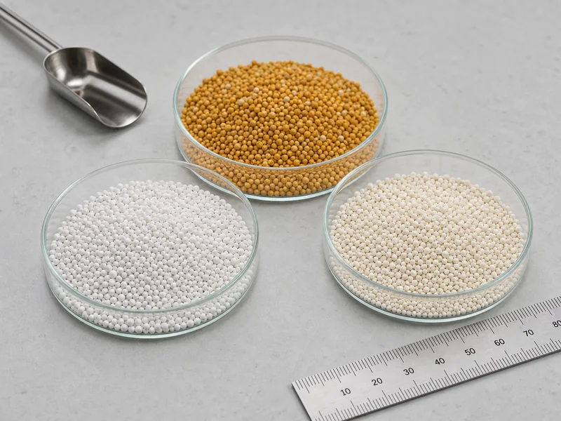 Three ceramic grinding media families shown in separate glass dishes