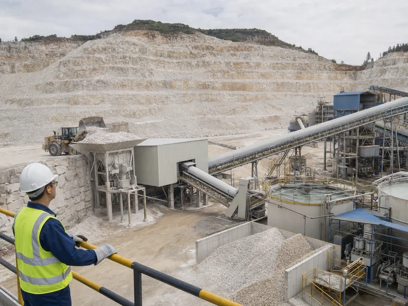 Industrial mineral quarry with loading, conveying, crushing and slurry-processing facilities