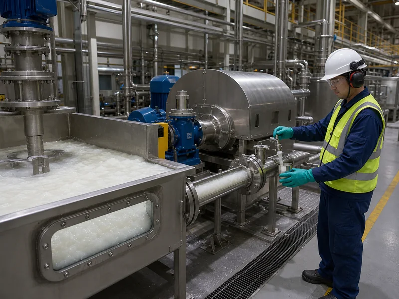 Chinese paper mill technician sampling wet pulp beside a pulp preparation and refining line