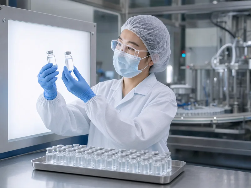 Chinese pharmaceutical quality technician visually inspecting finished medicine vials in a clean production area