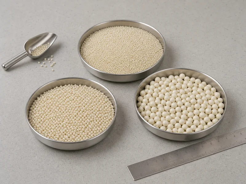 Zirconium silicate beads shown in three illustrative size groups