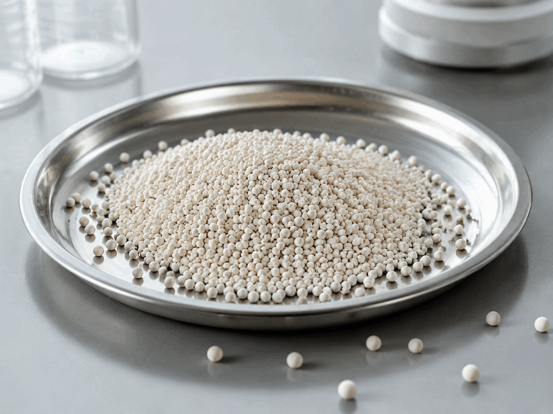 Zirconia-alumina composite ceramic grinding beads in a stainless-steel tray