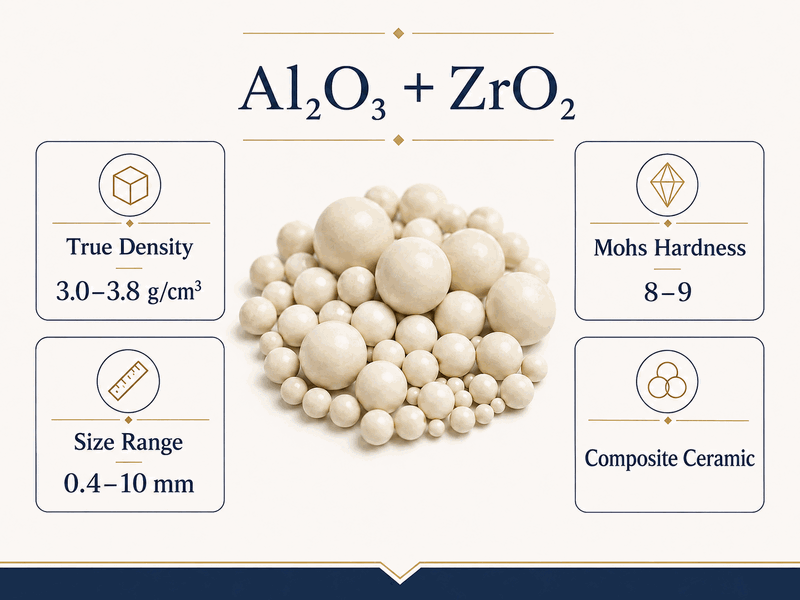 Zirconia-alumina composite beads technical data showing density, hardness and size range